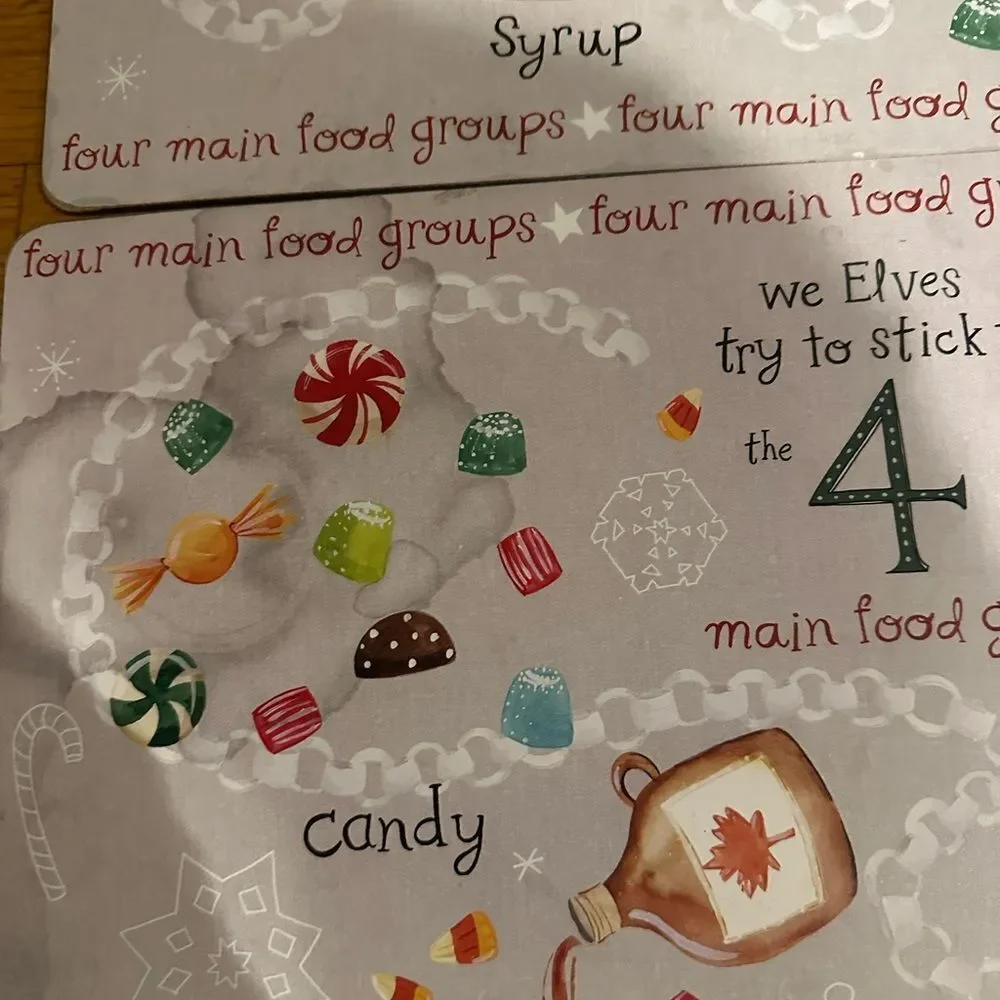 Pottery Barn Elf 6 Food Groups Cork Hard Placemats “read”